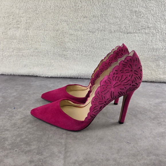 Jessica Simpson Shoes - Jessica Simpson Magenta Pink Suede Laser Cut Scalloped Pointed Toe Heels 7M